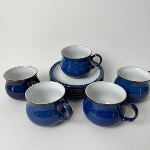 Denby Cup and Saucer Set Stoneware Set of 5 England Colbalt Blue Tea Coffee